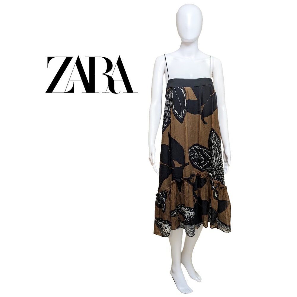 ZARA 100% Silk Leaf Print Sundress with Ruffle